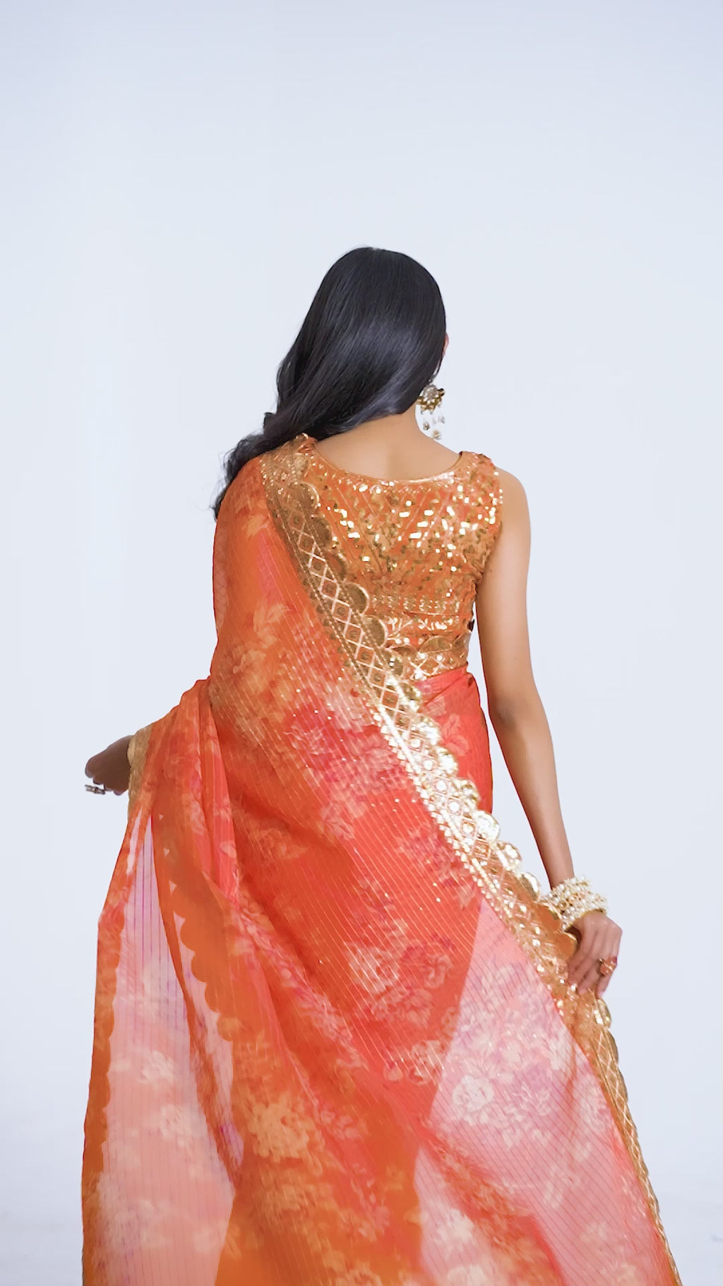 Orange Organza Floral Print Saree with Blouse