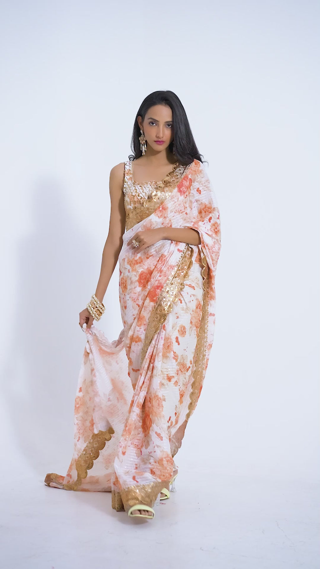 White Organza Floral Print Saree with Blouse