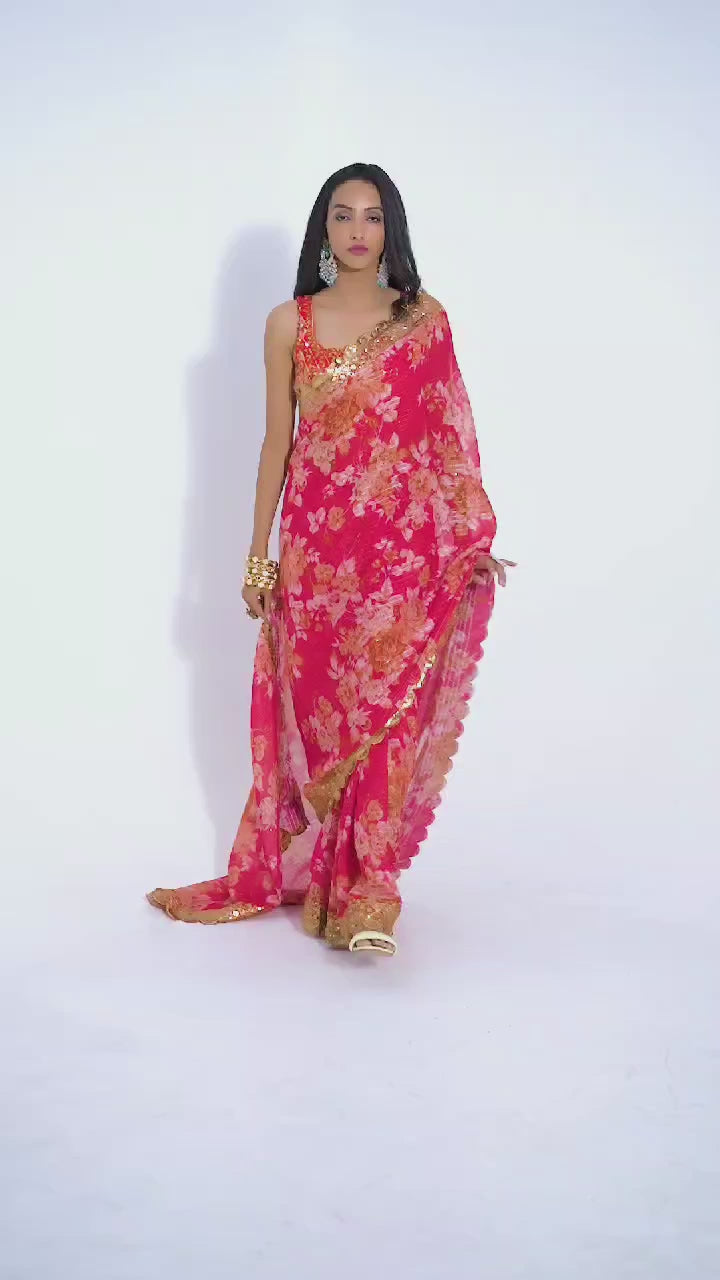 Red Organza Floral Print Saree