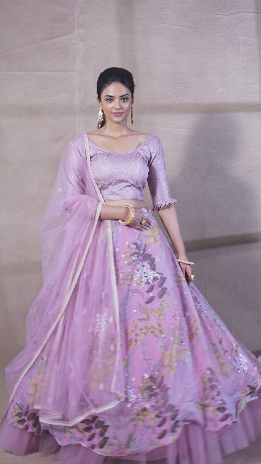 Purple Organza Digital Print & Sequins Embroidery Work Lehenga with Silk Blouse and Net Dupatta