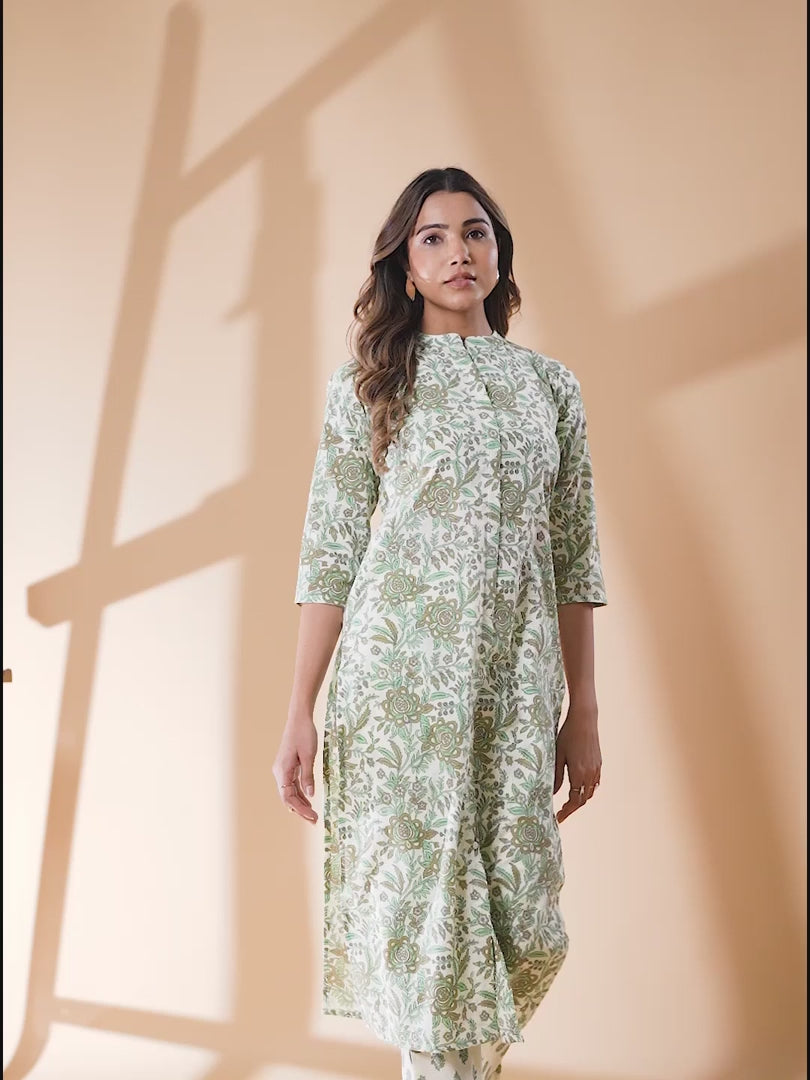 Cream Cotton Floral Print Kurta Pant Set
