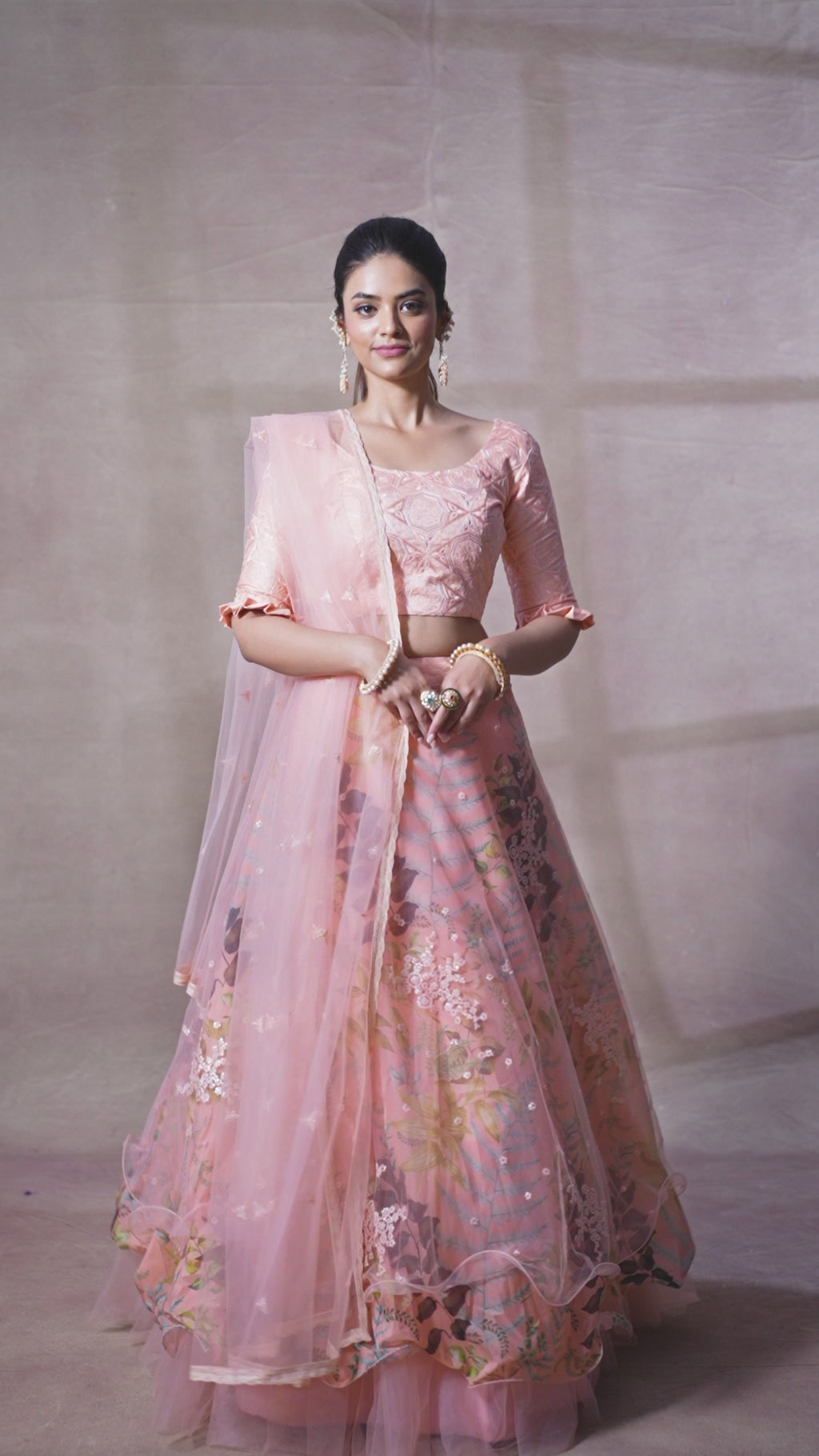 Peach Organza Digital Print & Sequins Embroidery Work Lehenga with Silk Blouse and Net Dupatta