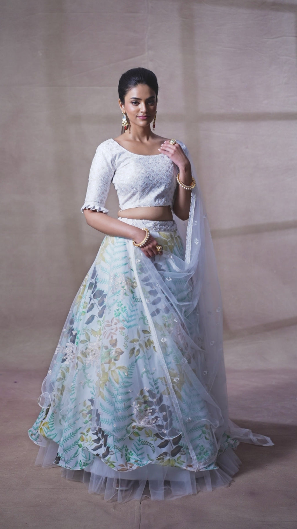 White Organza Digital Print & Sequins Embroidery Work Lehenga with Silk Blouse and Net Dupatta