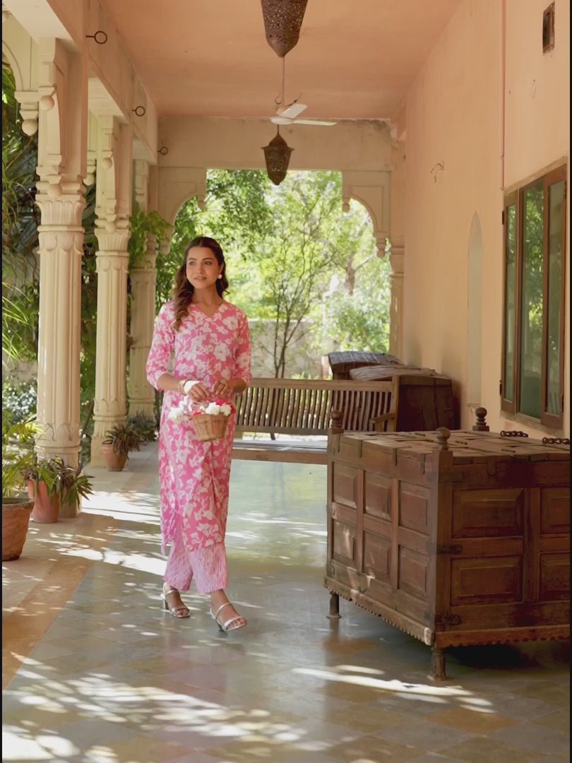 Baby Pink Cotton Floral Print Kurta Pant Set