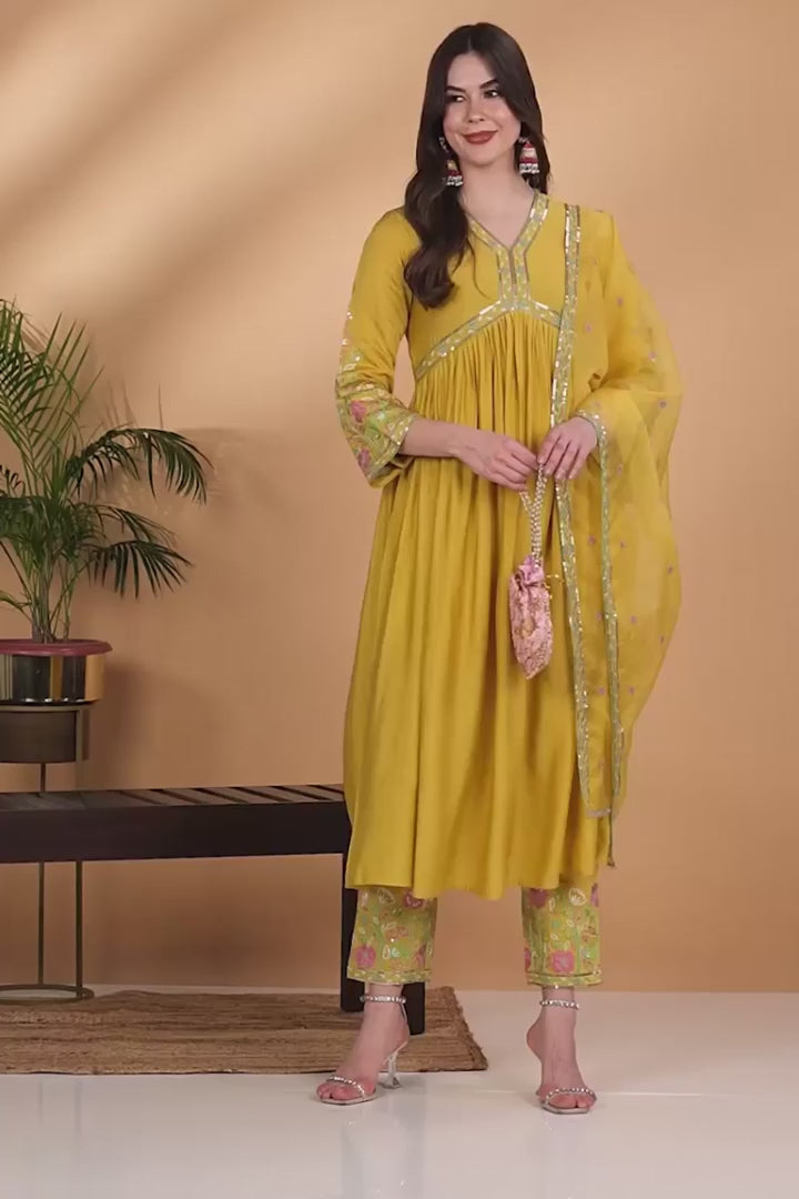 Yellow Silk Blend Embroidered Anarkali Suit Set with Organza Dupatta