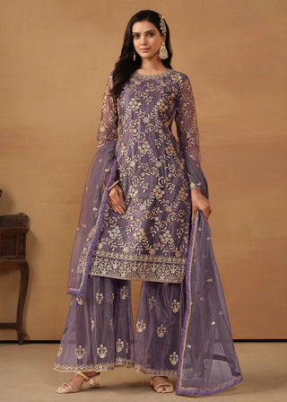 Purple Net Embroidered Sharara Set