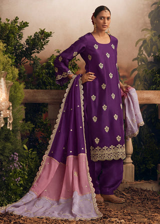 Modal Silk Purple Embroidered Suit Set