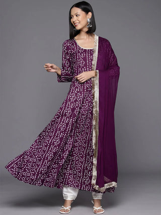 Violet Cotton Bandhani Print Anarkali Kurta with Dupatta