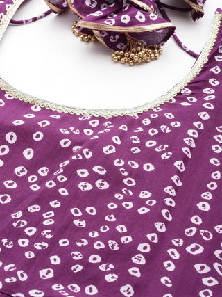 Violet Cotton Bandhani Print Anarkali Kurta with Dupatta