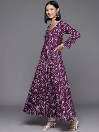 Violet Cotton Bandhani Print Anarkali Kurta with Dupatta