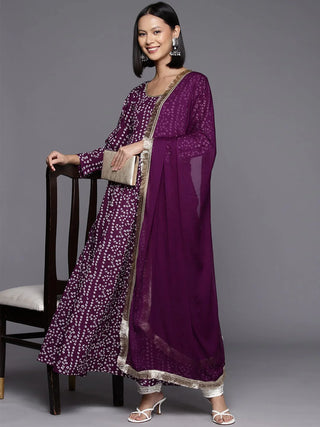 Violet Cotton Bandhani Print Anarkali Kurta with Dupatta