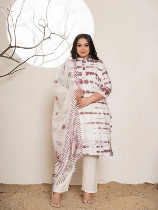 Purple & White Cotton Abstract Print & Embroidered Kurta with Viscose Rayon Solid Bottom and a Voile Dupatta