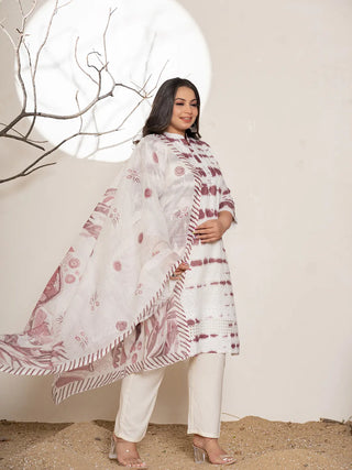 Purple & White Cotton Abstract Print & Embroidered Kurta with Viscose Rayon Solid Bottom and a Voile Dupatta