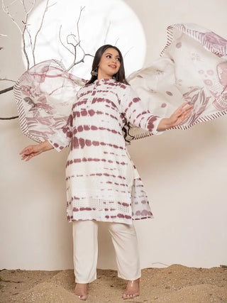 Purple & White Cotton Abstract Print & Embroidered Kurta with Viscose Rayon Solid Bottom and a Voile Dupatta