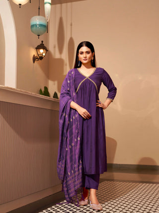 Purple Lace Detailing Anarkali Suit Set with Printed Dupatta