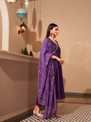 Purple Lace Detailing Anarkali Suit Set with Printed Dupatta