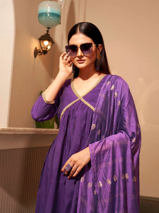 Purple Lace Detailing Anarkali Suit Set with Printed Dupatta