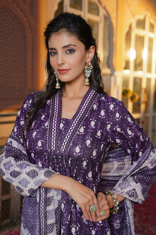 Purple Rayon Blend Batik Print Straight Shape Suit Set with Dupatta