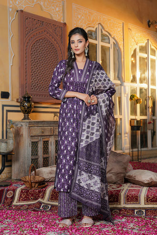 Purple Rayon Blend Batik Print Straight Shape Suit Set with Dupatta