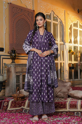 Purple Rayon Blend Batik Print Straight Shape Suit Set with Dupatta