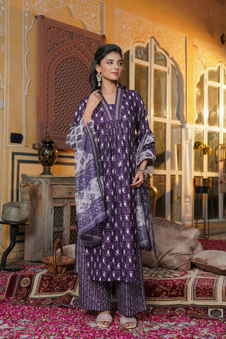 Purple Rayon Blend Batik Print Straight Shape Suit Set with Dupatta