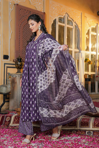 Purple Rayon Blend Batik Print Straight Shape Suit Set with Dupatta