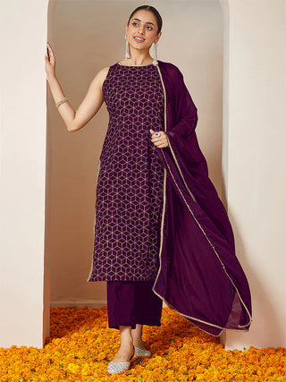 Purple Chanderi Silk Sleeveless Gold Print Suit Set with Silk Blend Dupatta