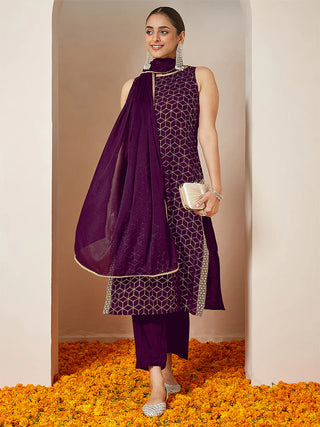 Purple Chanderi Silk Sleeveless Gold Print Suit Set with Silk Blend Dupatta