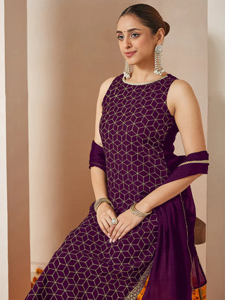 Purple Chanderi Silk Sleeveless Gold Print Suit Set with Silk Blend Dupatta