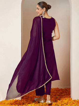 Purple Chanderi Silk Sleeveless Gold Print Suit Set with Silk Blend Dupatta