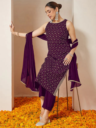 Purple Chanderi Silk Sleeveless Gold Print Suit Set with Silk Blend Dupatta