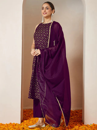 Purple Chanderi Silk Sleeveless Gold Print Suit Set with Silk Blend Dupatta