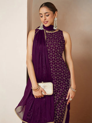 Purple Chanderi Silk Sleeveless Gold Print Suit Set with Silk Blend Dupatta