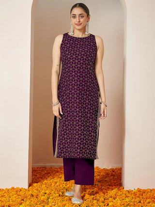 Purple Chanderi Silk Sleeveless Gold Print Suit Set with Silk Blend Dupatta