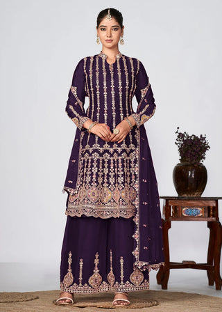 Purple Chinon Heavy Embroidered Suit Set with Dupatta