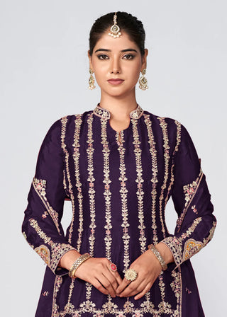 Purple Chinon Heavy Embroidered Suit Set with Dupatta