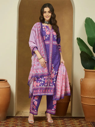 Purple Cotton Blend Ethnic Motif Print Suit Set with Chanderi Blend Dupatta