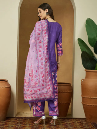 Purple Cotton Blend Ethnic Motif Print Suit Set with Chanderi Blend Dupatta