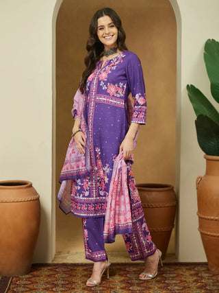 Purple Cotton Blend Ethnic Motif Print Suit Set with Chanderi Blend Dupatta