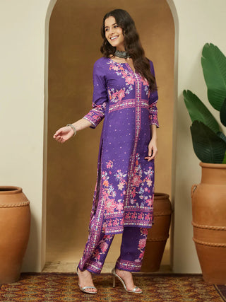 Purple Cotton Blend Ethnic Motif Print Suit Set with Chanderi Blend Dupatta