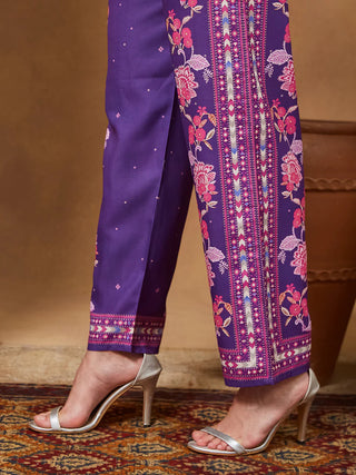 Purple Cotton Blend Ethnic Motif Print Suit Set with Chanderi Blend Dupatta