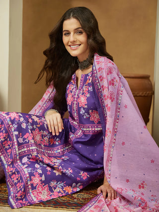 Purple Cotton Blend Ethnic Motif Print Suit Set with Chanderi Blend Dupatta