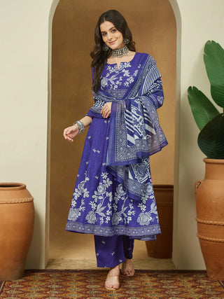 Purple Cotton Blend Floral Print Anarkali Shape Suit Set with Chanderi Blend Dupatta