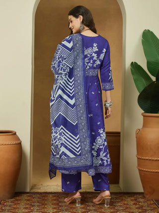 Purple Cotton Blend Floral Print Anarkali Shape Suit Set with Chanderi Blend Dupatta