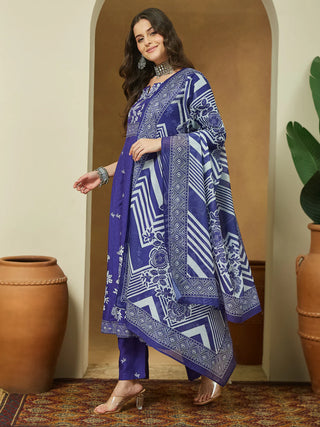 Purple Cotton Blend Floral Print Anarkali Shape Suit Set with Chanderi Blend Dupatta