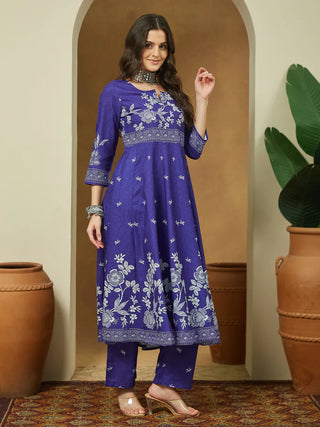 Purple Cotton Blend Floral Print Anarkali Shape Suit Set with Chanderi Blend Dupatta