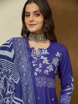 Purple Cotton Blend Floral Print Anarkali Shape Suit Set with Chanderi Blend Dupatta