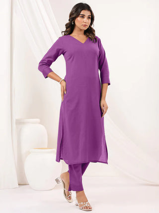 Purple Pure Cotton Solid Kurta Bottom Set