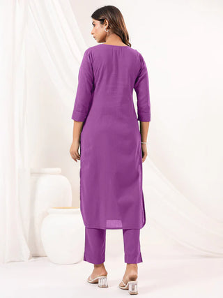 Purple Pure Cotton Solid Kurta Bottom Set