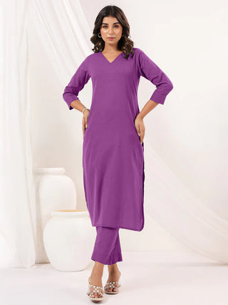 Purple Pure Cotton Solid Kurta Bottom Set